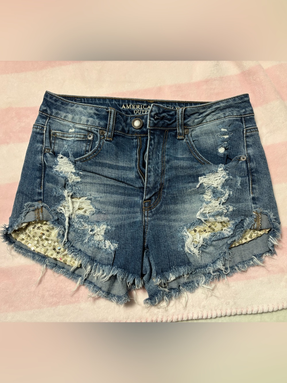 American Eagle Outfitters Blue Distressed Denim Shorts with Sequin Underpatch